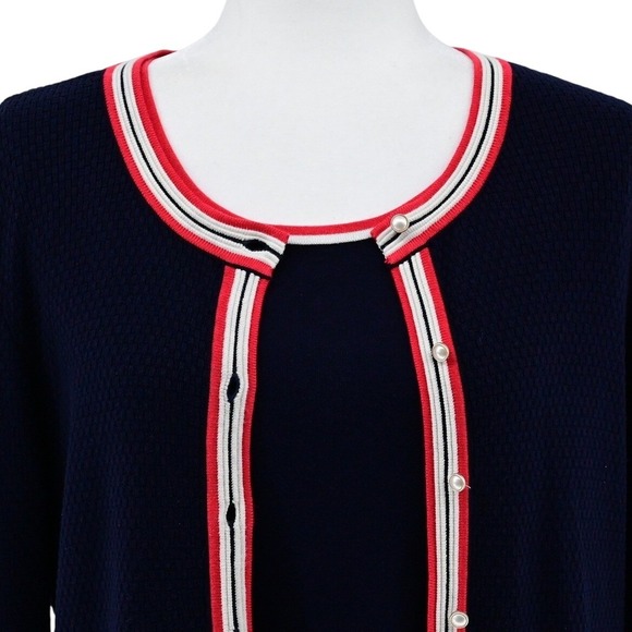 Talbots Sweaters - Talbots Preppy Navy Blue Red White Striped Trim Cardigan Shell Twin Set Luxe